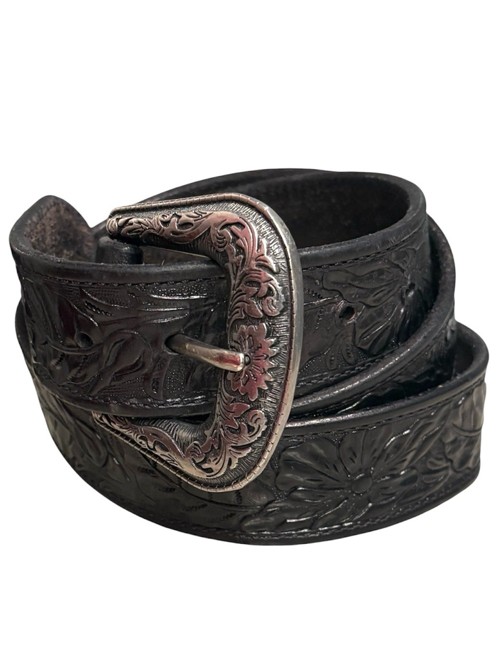 Vintage Embossed Leather Western Belt Floral Engraved Buckle Black BOHO Cowgirl